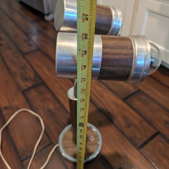 Vintage MCM Double Gooseneck Desk Table Lamp Aluminum Woodgrain 3 way Switch - Picture 6 of 14